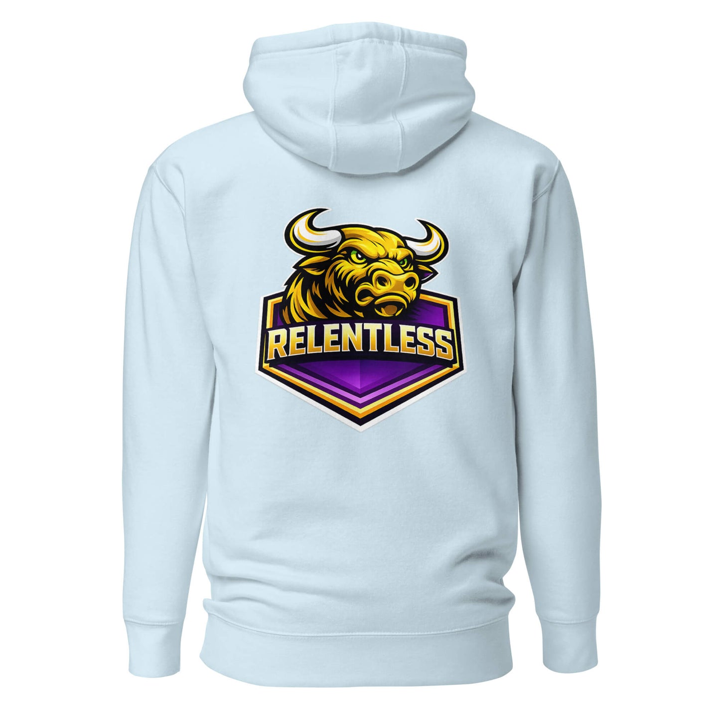 Hoodie RELENTLESS bleu ciel visuel coloré dos et logo noir face Mindset Ambition