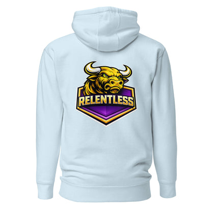 Hoodie RELENTLESS bleu ciel visuel coloré dos et logo noir face Mindset Ambition