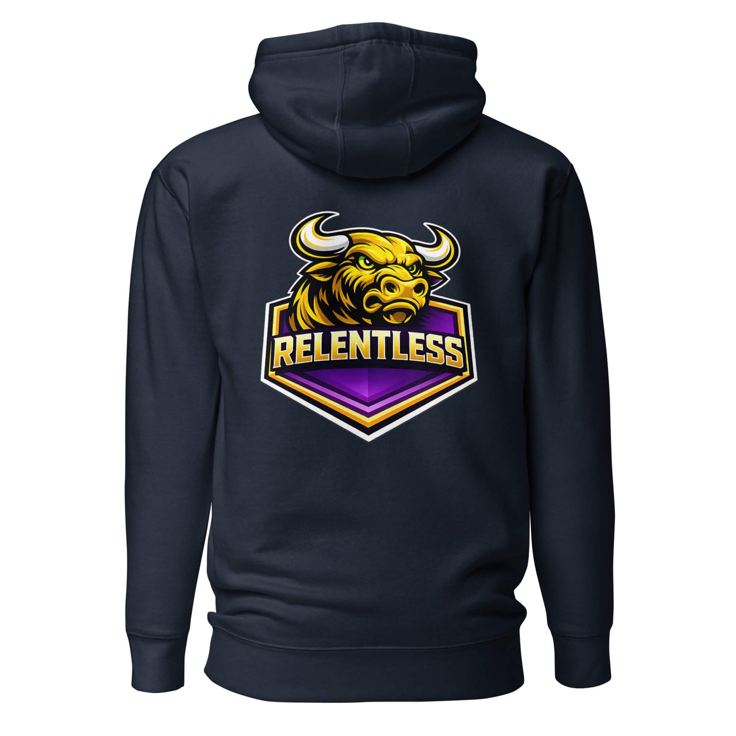 Hoodie RELENTLESS bleu marine visuel coloré dos et logo blanc face Mindset Ambition