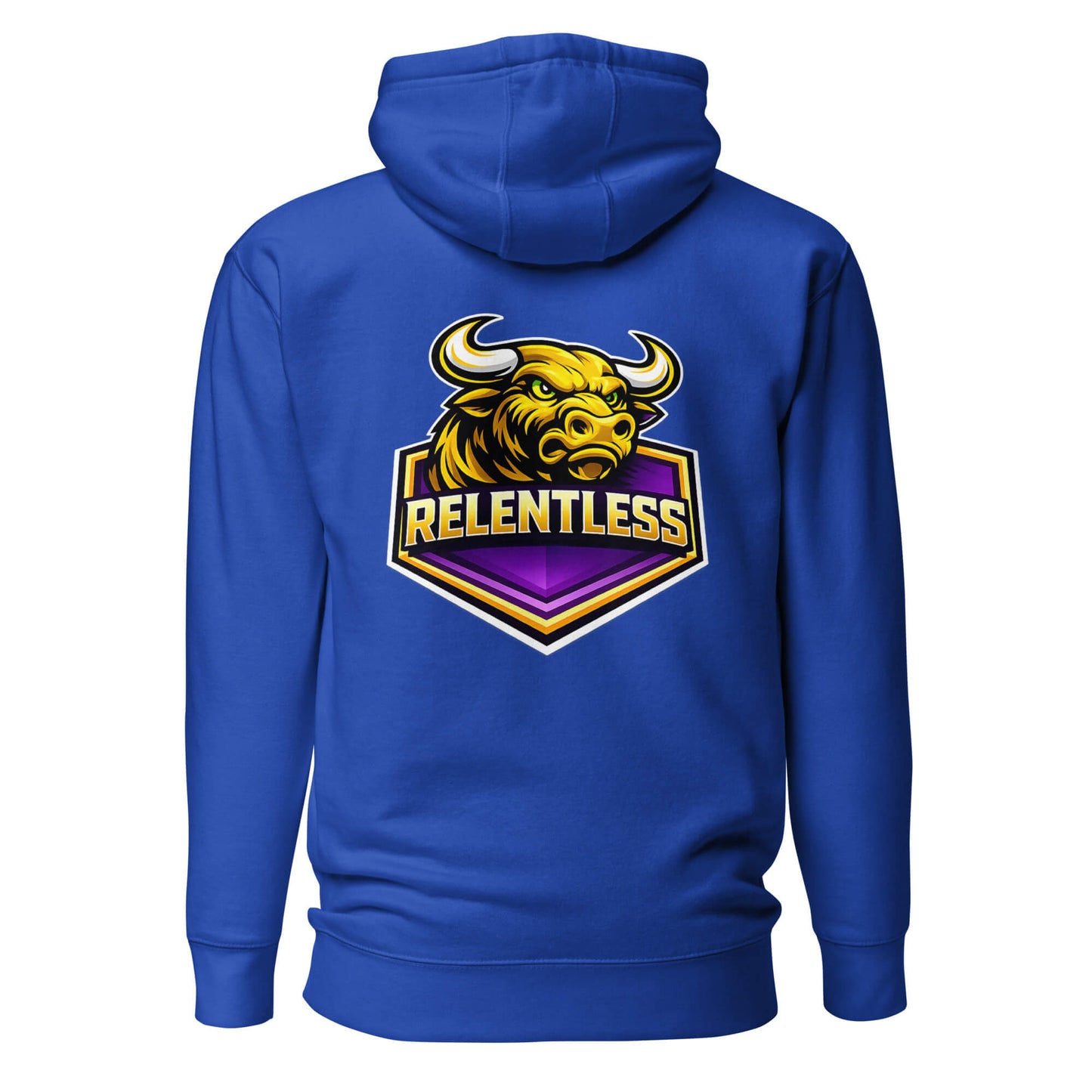 Hoodie RELENTLESS bleu roi visuel coloré dos et logo blanc face Mindset Ambition