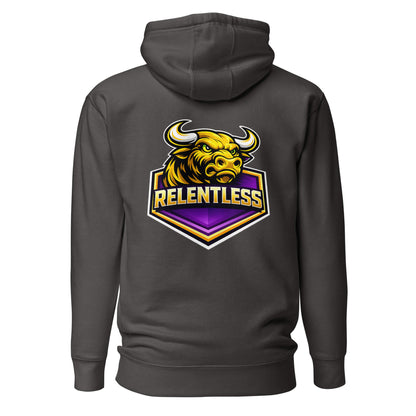 Hoodie RELENTLESS gris anthracite visuel coloré dos et logo blanc face Mindset Ambition