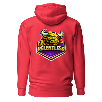 Hoodie RELENTLESS rouge visuel coloré dos et logo noir face Mindset Ambition