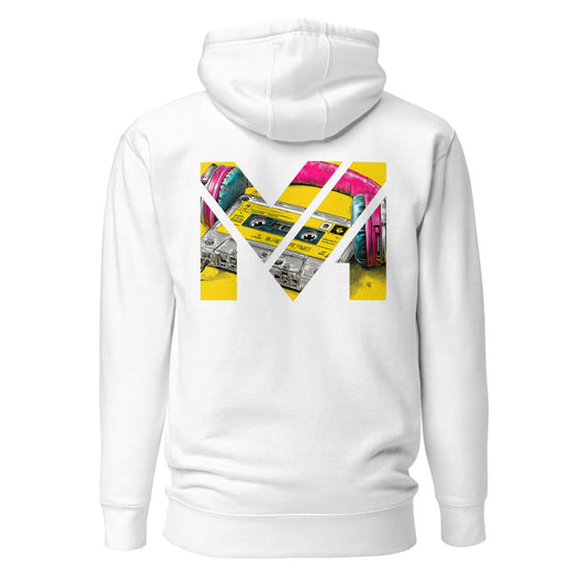Hoodie REWIND. RESET. RISE. blanc visuel coloré dos et logo noir face Mindset Ambition
