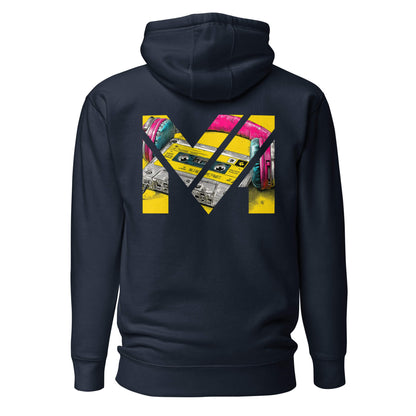 Hoodie REWIND. RESET. RISE. bleu marine visuel coloré dos et logo blanc face Mindset Ambition