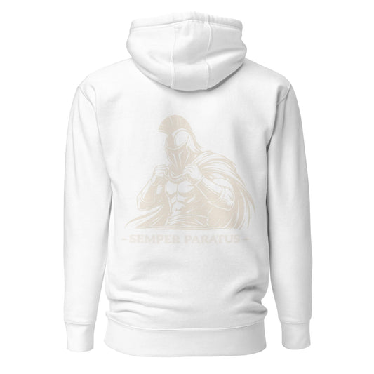 Hoodie Semper Paratus blanc visuel doré dos et logo doré face Mindset Ambition