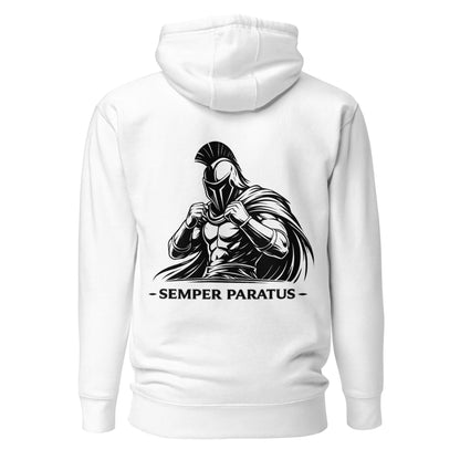 Hoodie Semper Paratus blanc visuel noir dos et logo noir face Mindset Ambition