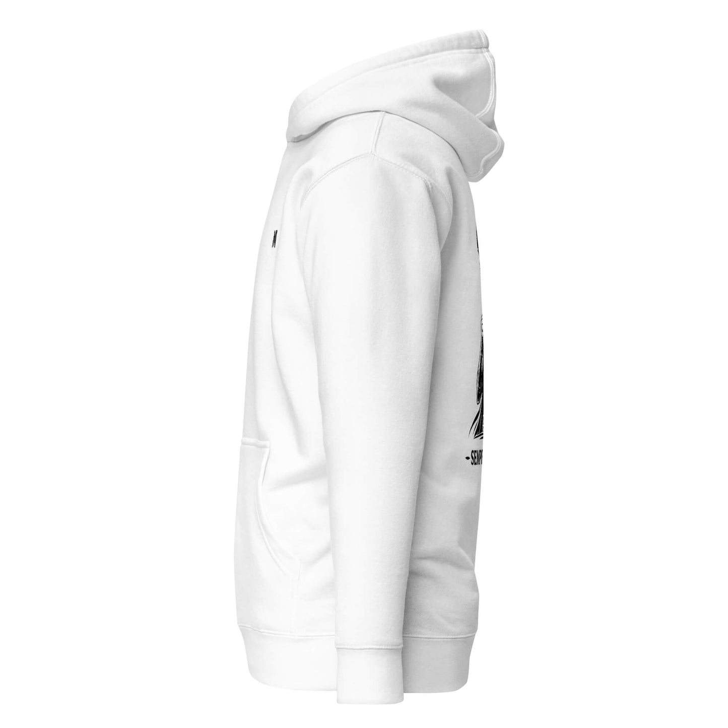 Hoodie Semper Paratus blanc profil gauche logo noir et visuel noir Mindset Ambition