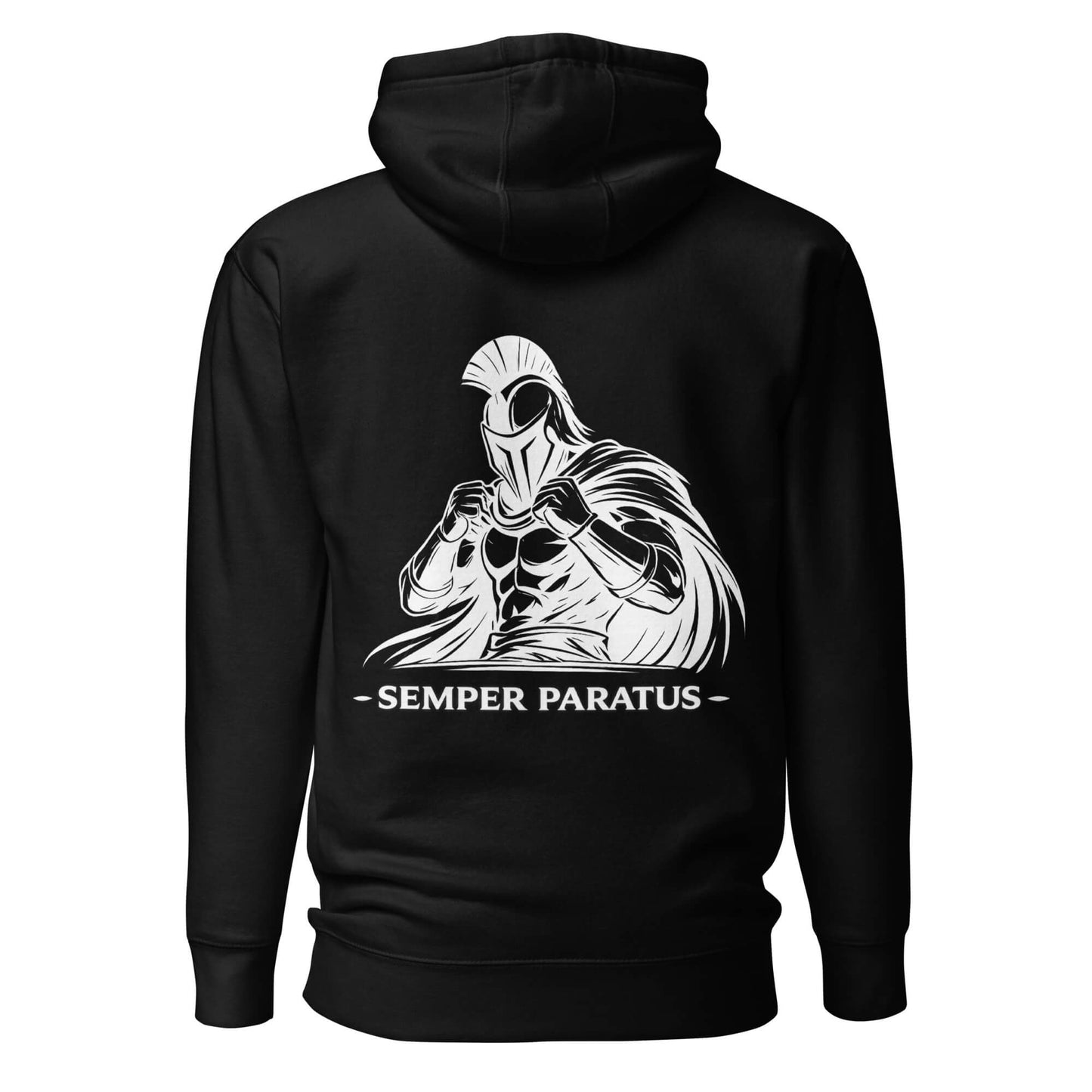 Hoodie Semper Paratus noir visuel blanc dos et logo blanc face Mindset Ambition