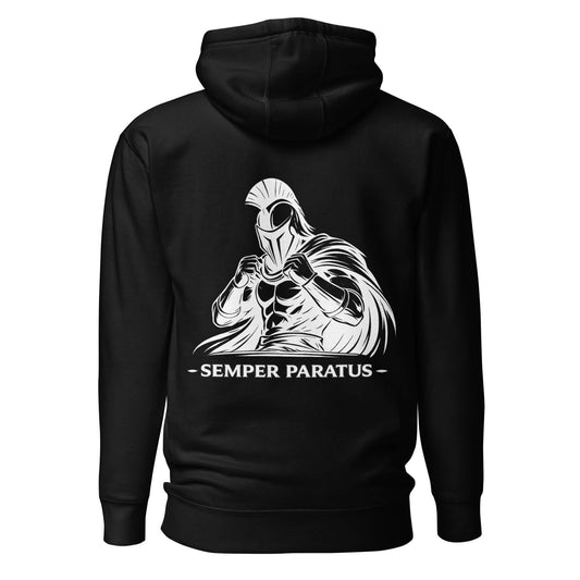 Hoodie Semper Paratus noir visuel blanc dos et logo blanc face Mindset Ambition
