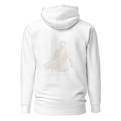 Hoodie Silentium Fortitudo blanc visuel doré dos et logo doré face Mindset Ambition