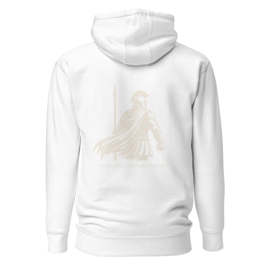 Hoodie Silentium Fortitudo blanc visuel doré dos et logo doré face Mindset Ambition