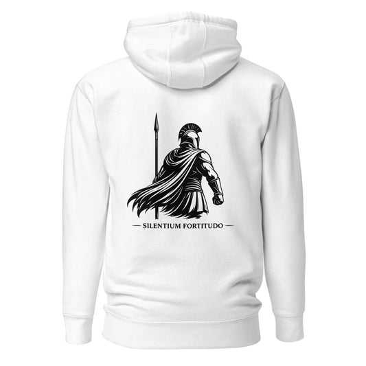 Hoodie Silentium Fortitudo blanc visuel noir dos et logo noir face Mindset Ambition