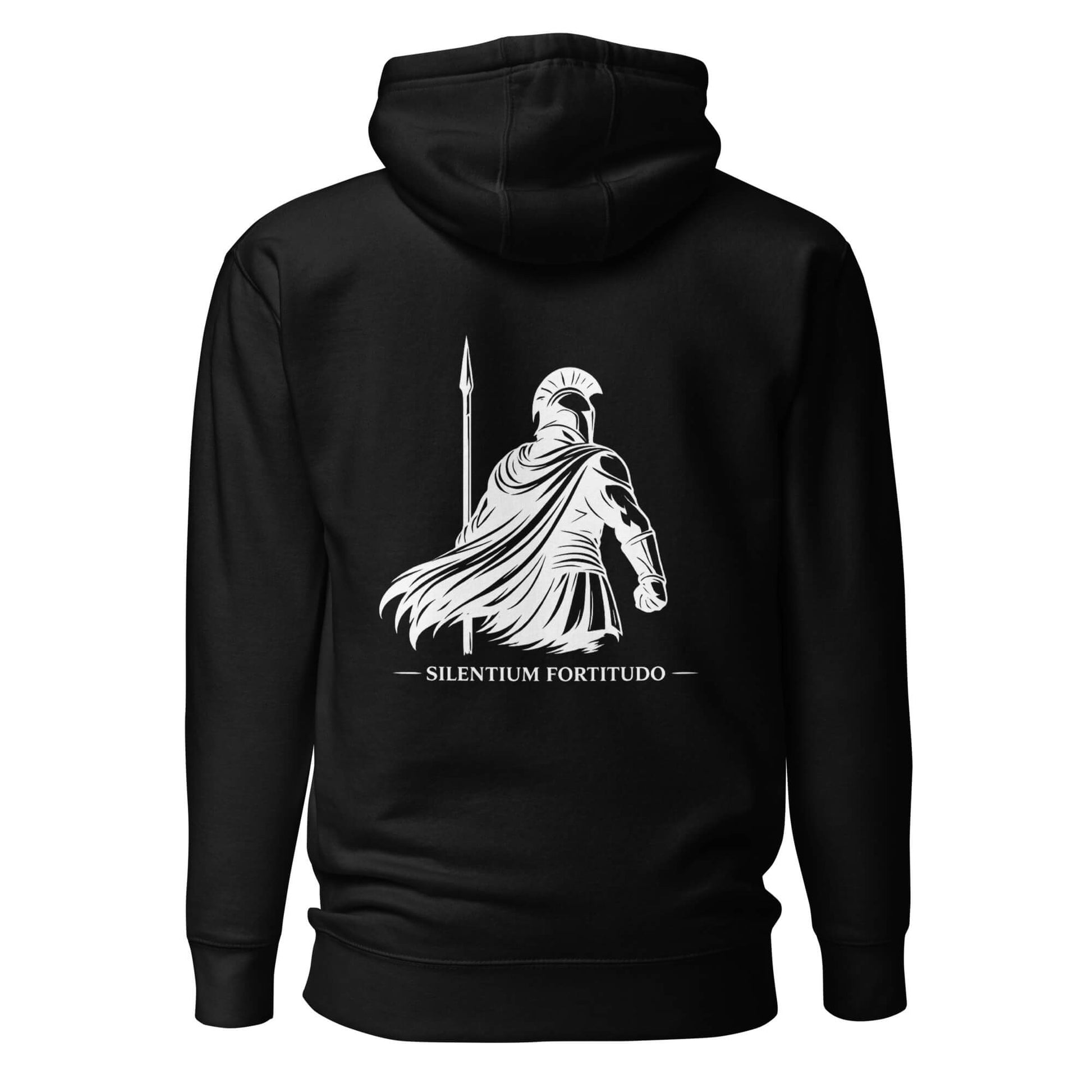 Hoodie Silentium Fortitudo noir visuel blanc dos et logo blanc face Mindset Ambition