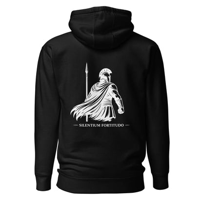 Hoodie Silentium Fortitudo noir visuel blanc dos et logo blanc face Mindset Ambition