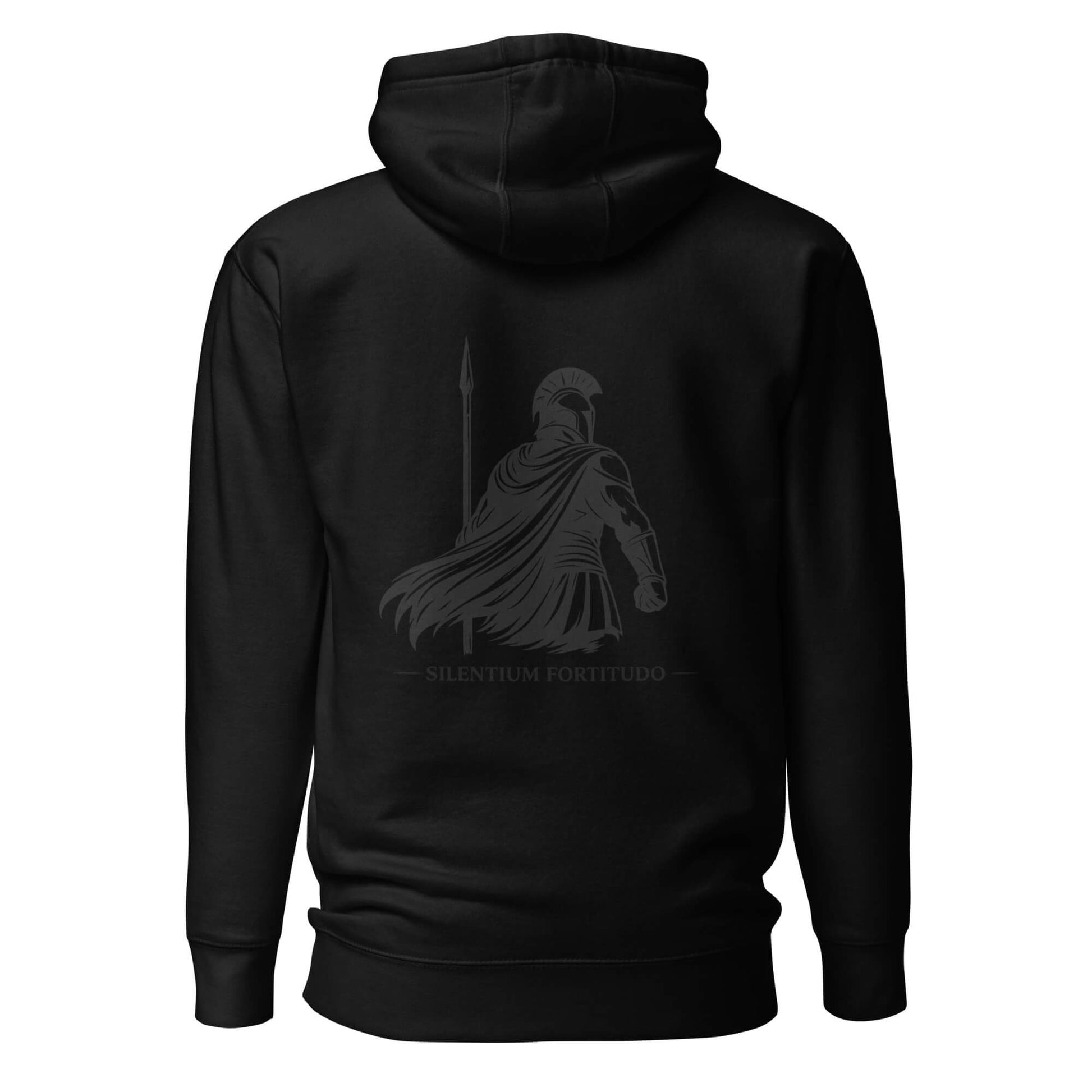Hoodie Silentium Fortitudo noir visuel gris dos et logo gris face Mindset Ambition