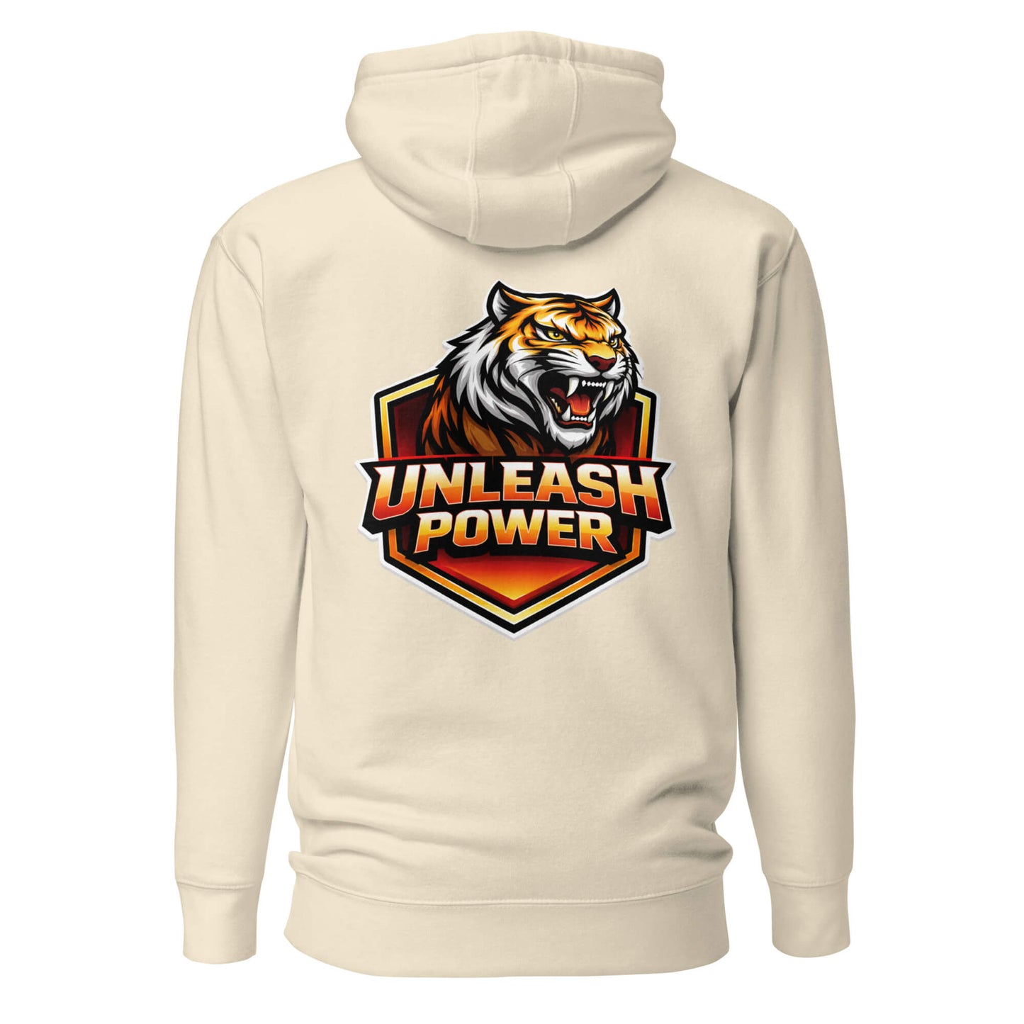 Hoodie UNLEASH POWER beige visuel coloré dos et logo noir face Mindset Ambition