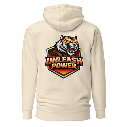 Hoodie UNLEASH POWER beige visuel coloré dos et logo noir face Mindset Ambition