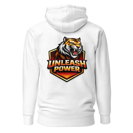 Hoodie UNLEASH POWER blanc visuel coloré dos et logo noir face Mindset Ambition