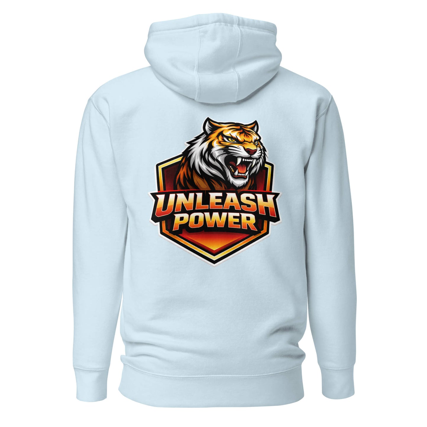 Hoodie UNLEASH POWER bleu ciel visuel coloré dos et logo noir face Mindset Ambition