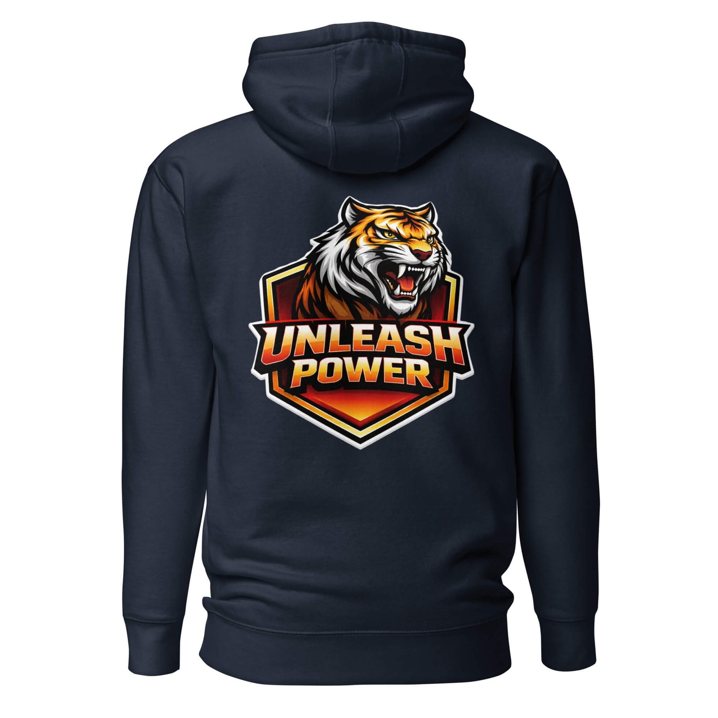 Hoodie UNLEASH POWER bleu marine visuel coloré dos et logo blanc face Mindset Ambition