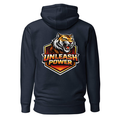 Hoodie UNLEASH POWER bleu marine visuel coloré dos et logo blanc face Mindset Ambition