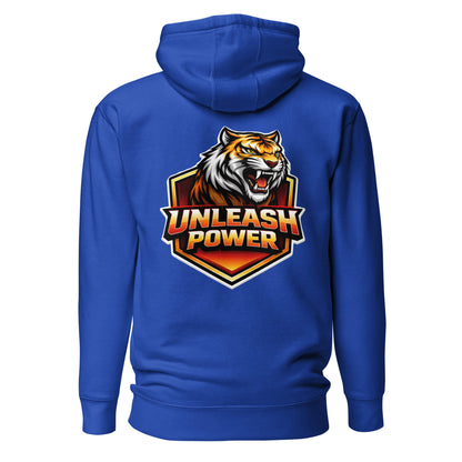 Hoodie UNLEASH POWER bleu roi visuel coloré dos et logo blanc face Mindset Ambition