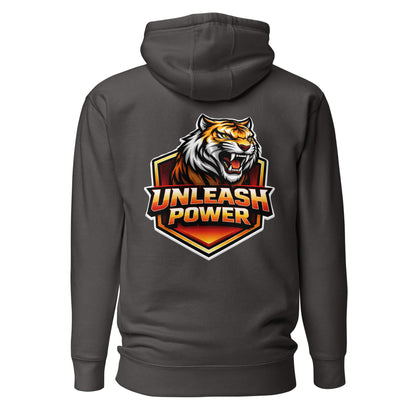 Hoodie UNLEASH POWER gris anthracite visuel coloré dos et logo blanc face Mindset Ambition