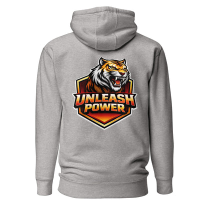 Hoodie UNLEASH POWER gris chiné visuel coloré dos et logo noir face Mindset Ambition