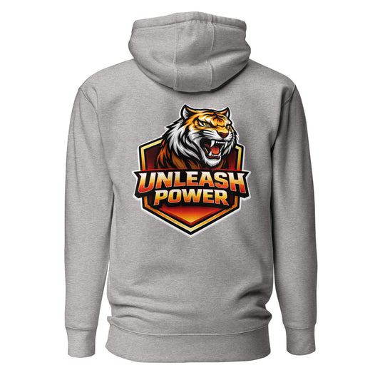 Hoodie UNLEASH POWER gris chiné visuel coloré dos et logo noir face Mindset Ambition