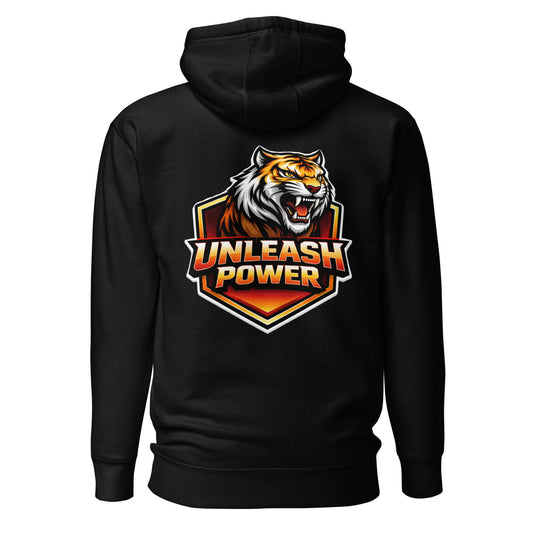 Hoodie UNLEASH POWER noir visuel coloré dos et logo blanc face Mindset Ambition