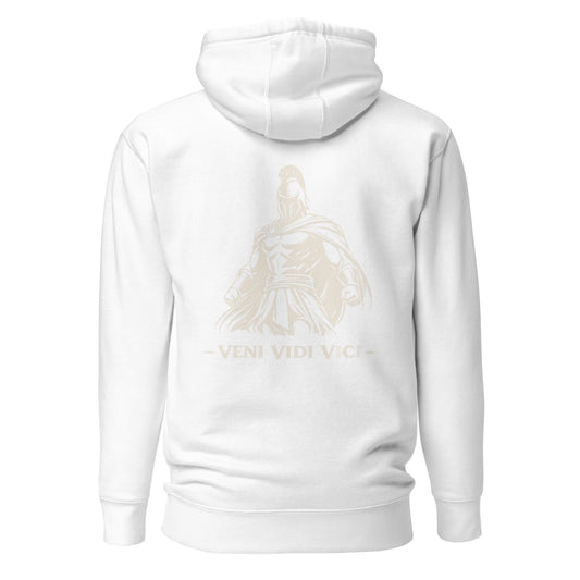 Hoodie Veni Vidi Vici blanc visuel doré dos et logo doré face Mindset Ambition