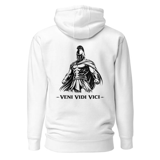 Hoodie Veni Vidi Vici blanc visuel noir dos et logo noir face Mindset Ambition