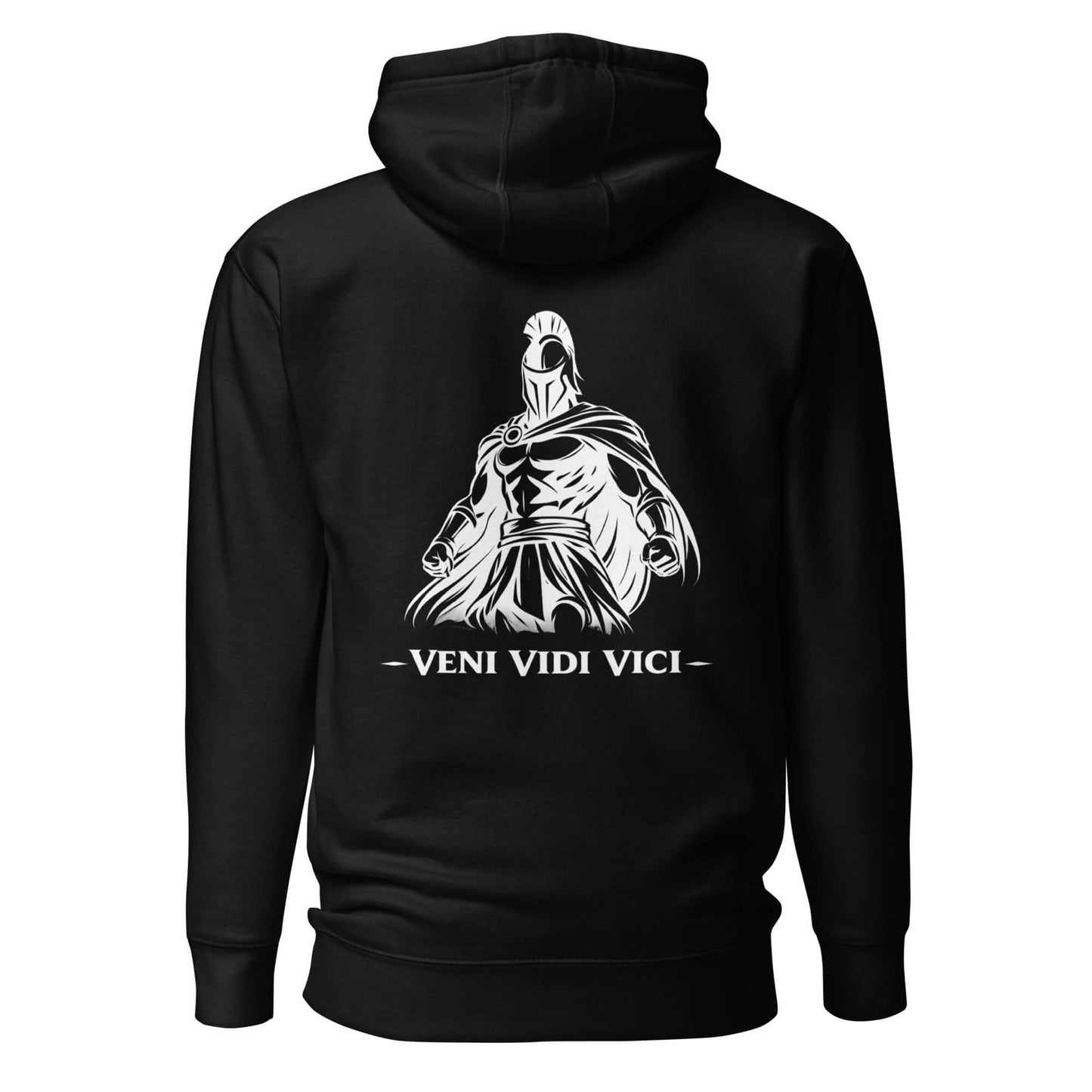 Hoodie Veni Vidi Vici noir visuel blanc dos et logo blanc face Mindset Ambition