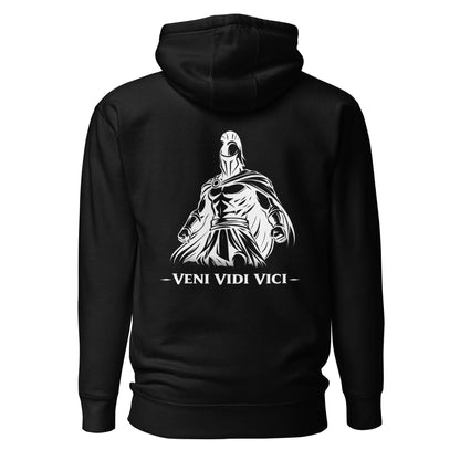 Hoodie Veni Vidi Vici noir visuel blanc dos et logo blanc face Mindset Ambition