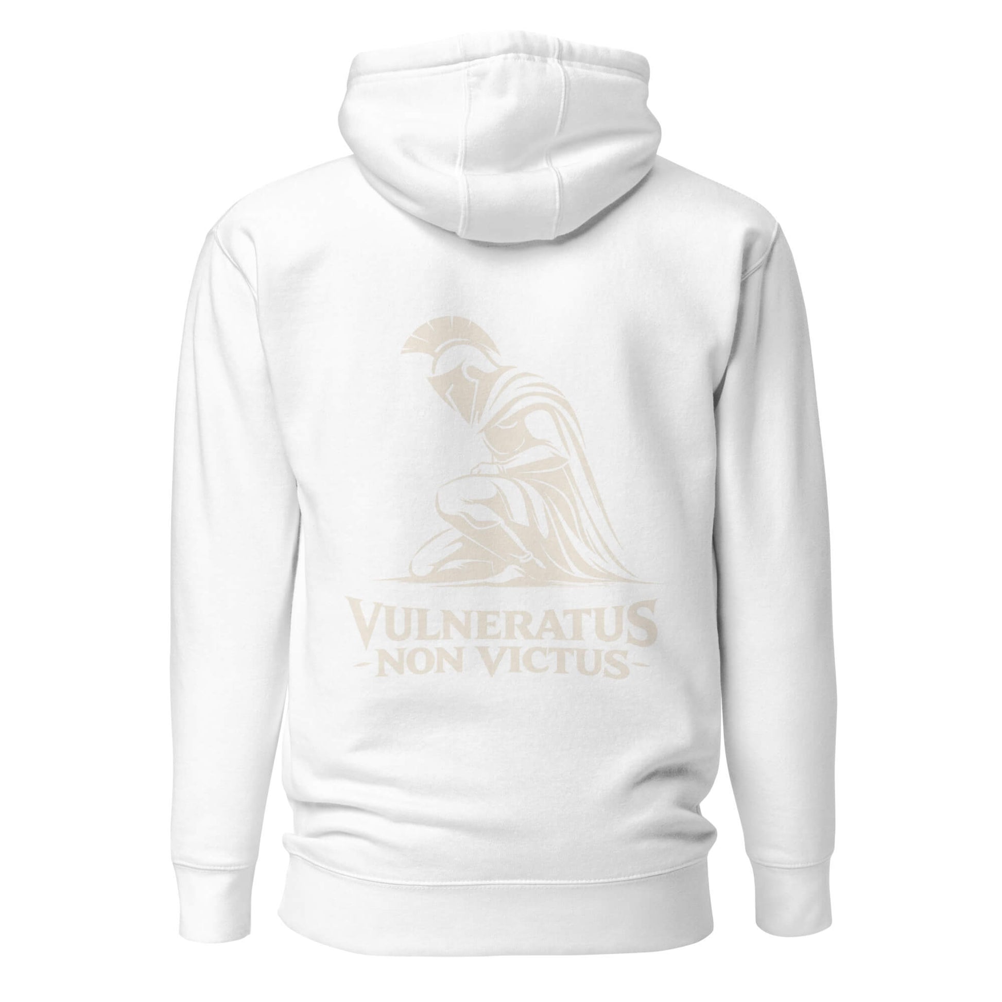 Hoodie Vulneratus Non Victus blanc visuel doré dos et logo doré face Mindset Ambition