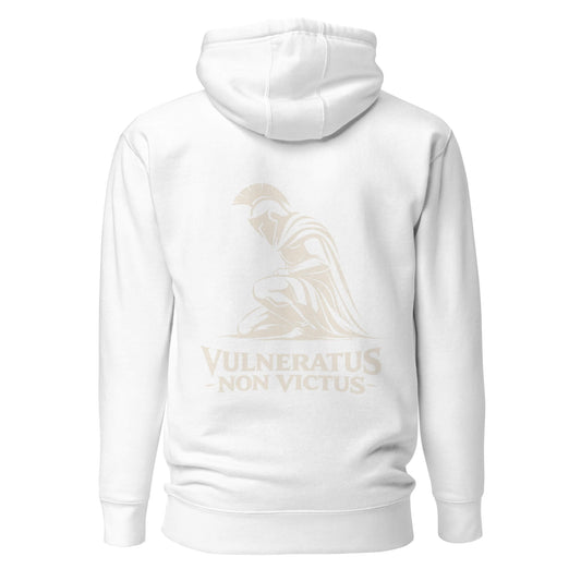 Hoodie Vulneratus Non Victus blanc visuel doré dos et logo doré face Mindset Ambition