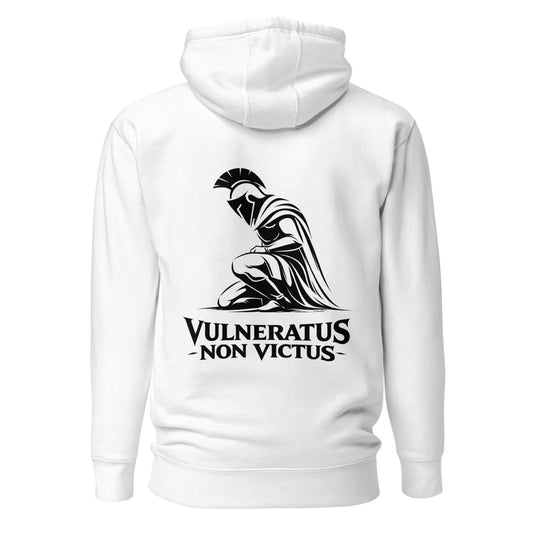 Hoodie Vulneratus Non Victus blanc visuel noir dos et logo noir face Mindset Ambition