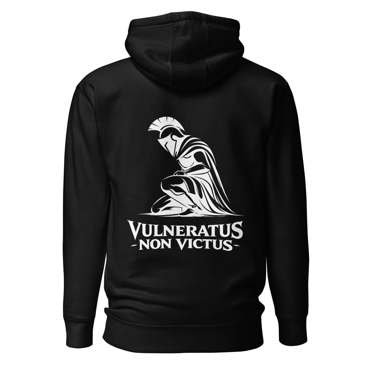 Hoodie Vulneratus Non Victus noir visuel blanc dos et logo blanc face Mindset Ambition