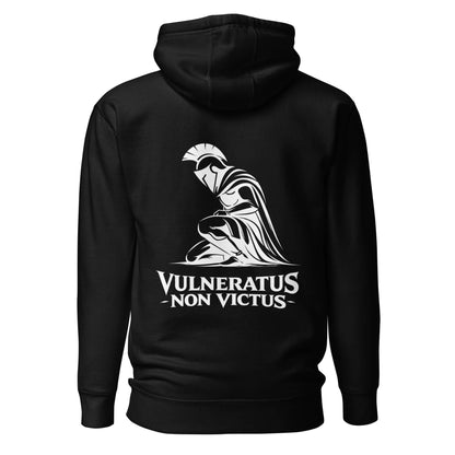 Hoodie Vulneratus Non Victus noir visuel blanc dos et logo blanc face Mindset Ambition