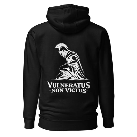 Hoodie Vulneratus Non Victus noir visuel blanc dos et logo blanc face Mindset Ambition