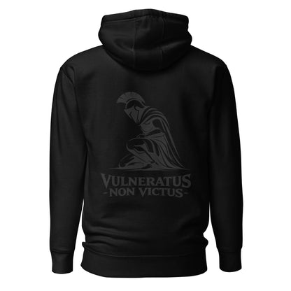Hoodie Vulneratus Non Victus noir visuel gris dos et logo gris face Mindset Ambition