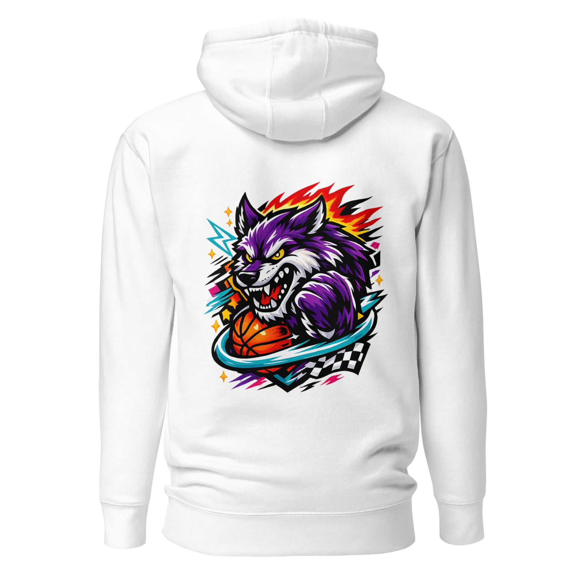 Hoodie WILD WOLF blanc visuel coloré dos et logo noir face Mindset Ambition

