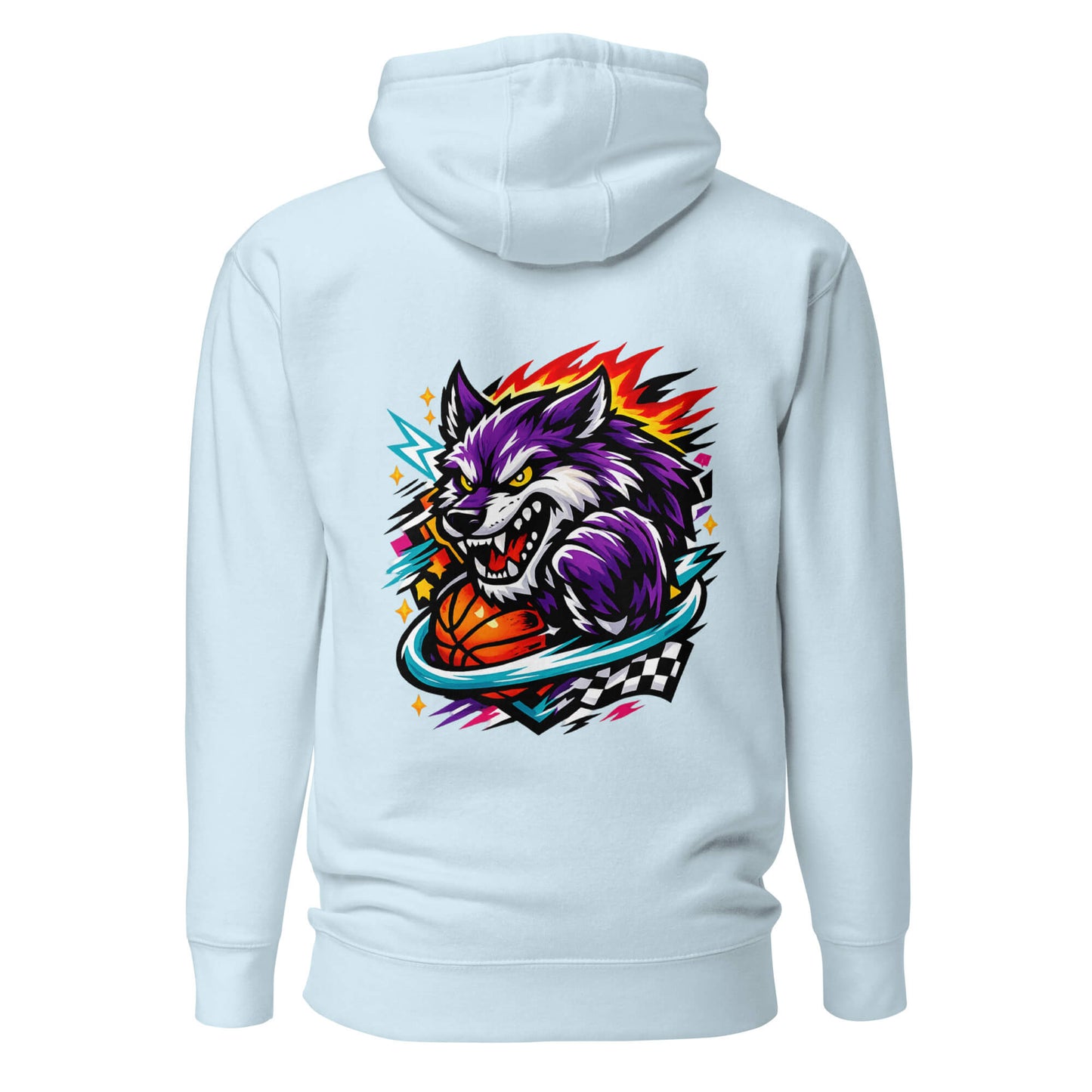Hoodie WILD WOLF bleu ciel visuel coloré dos et logo noir face Mindset Ambition