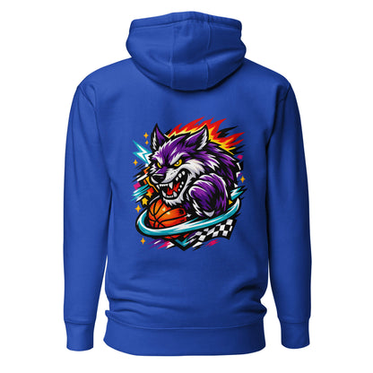 Hoodie WILD WOLF bleu roi visuel coloré dos et logo blanc face Mindset Ambition