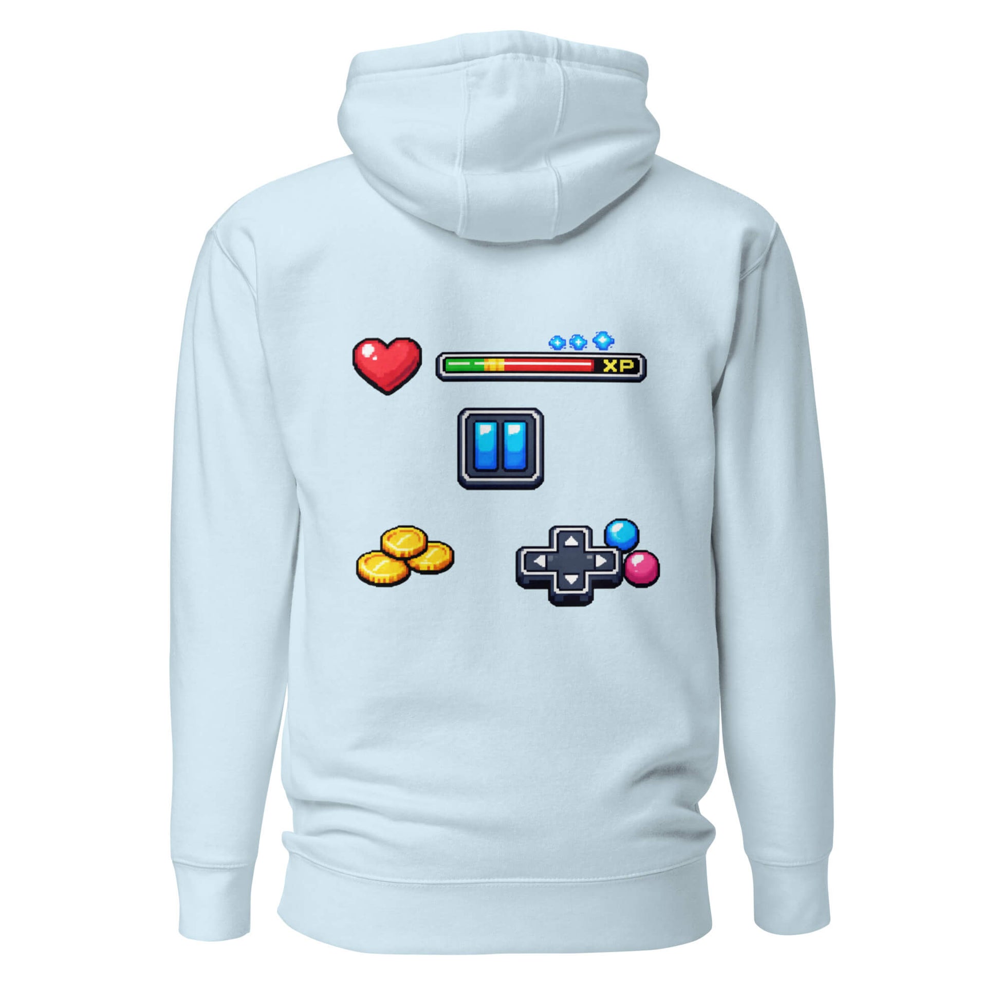 Hoodie XP MODE bleu ciel visuel coloré dos et logo noir face Mindset Ambition