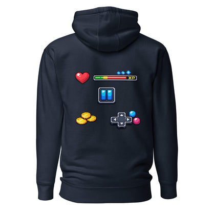 Hoodie XP MODE bleu marine visuel coloré dos et logo blanc face Mindset Ambition