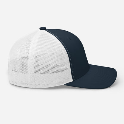 Casquette High Focus navy et blanche Mindset Ambition, vue droite présentant la maille filet blanche respirante et la structure profilée du modèle