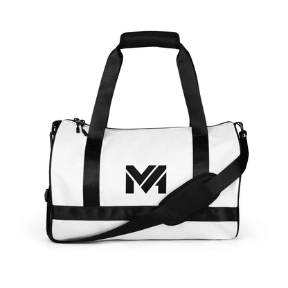 Sac de sport Smart Move Mindset Ambition, blanc, posé de côté, logo noir centré sur le panneau principal.