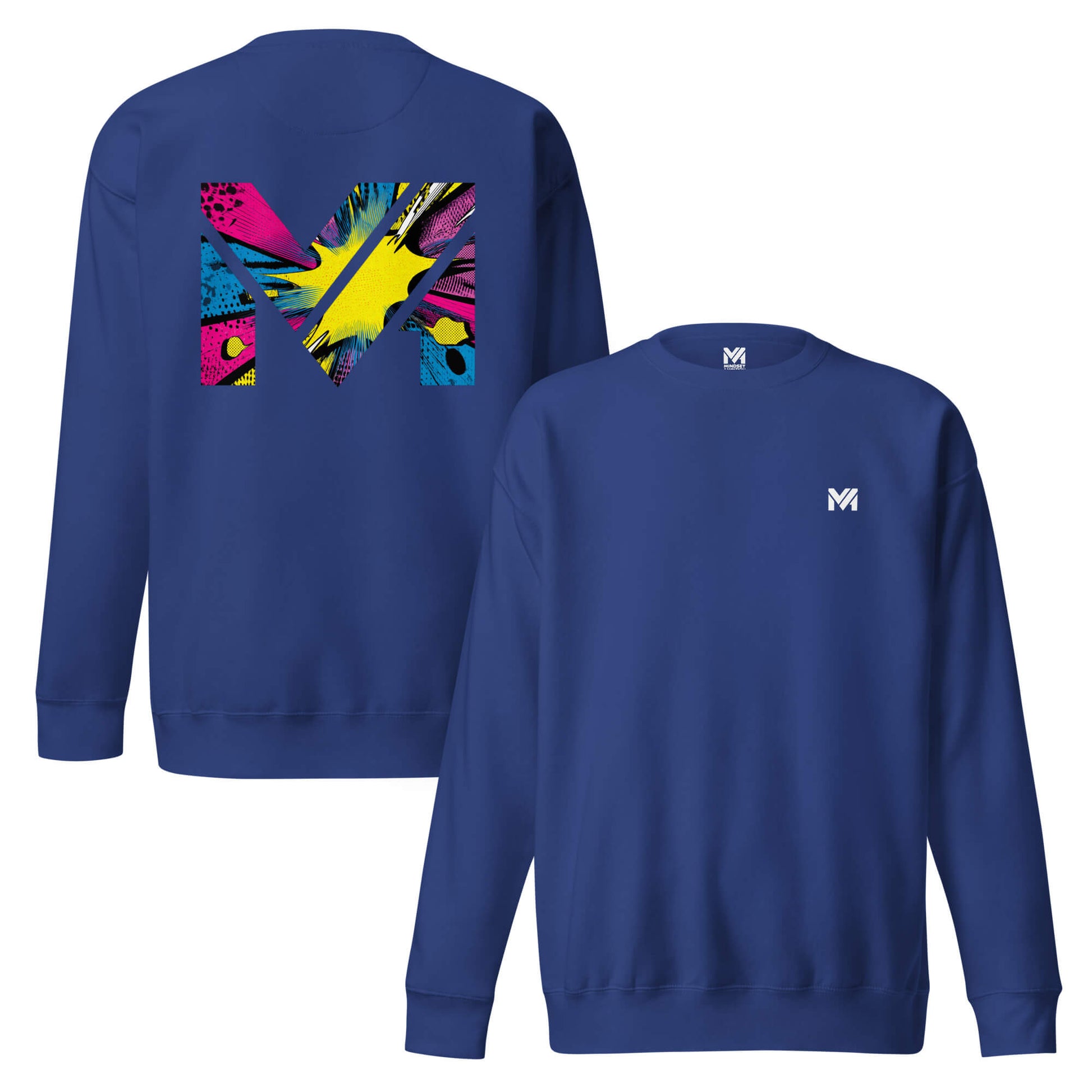 Sweat ANALOG MIND bleu roi logo blanc face et visuel coloré dos Mindset Ambition
