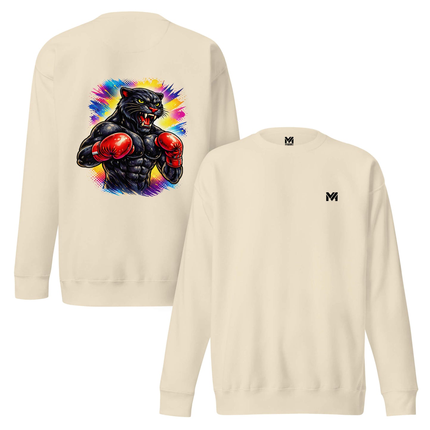 Sweat BLACK PANTHER beige logo noir face et visuel coloré dos Mindset Ambition